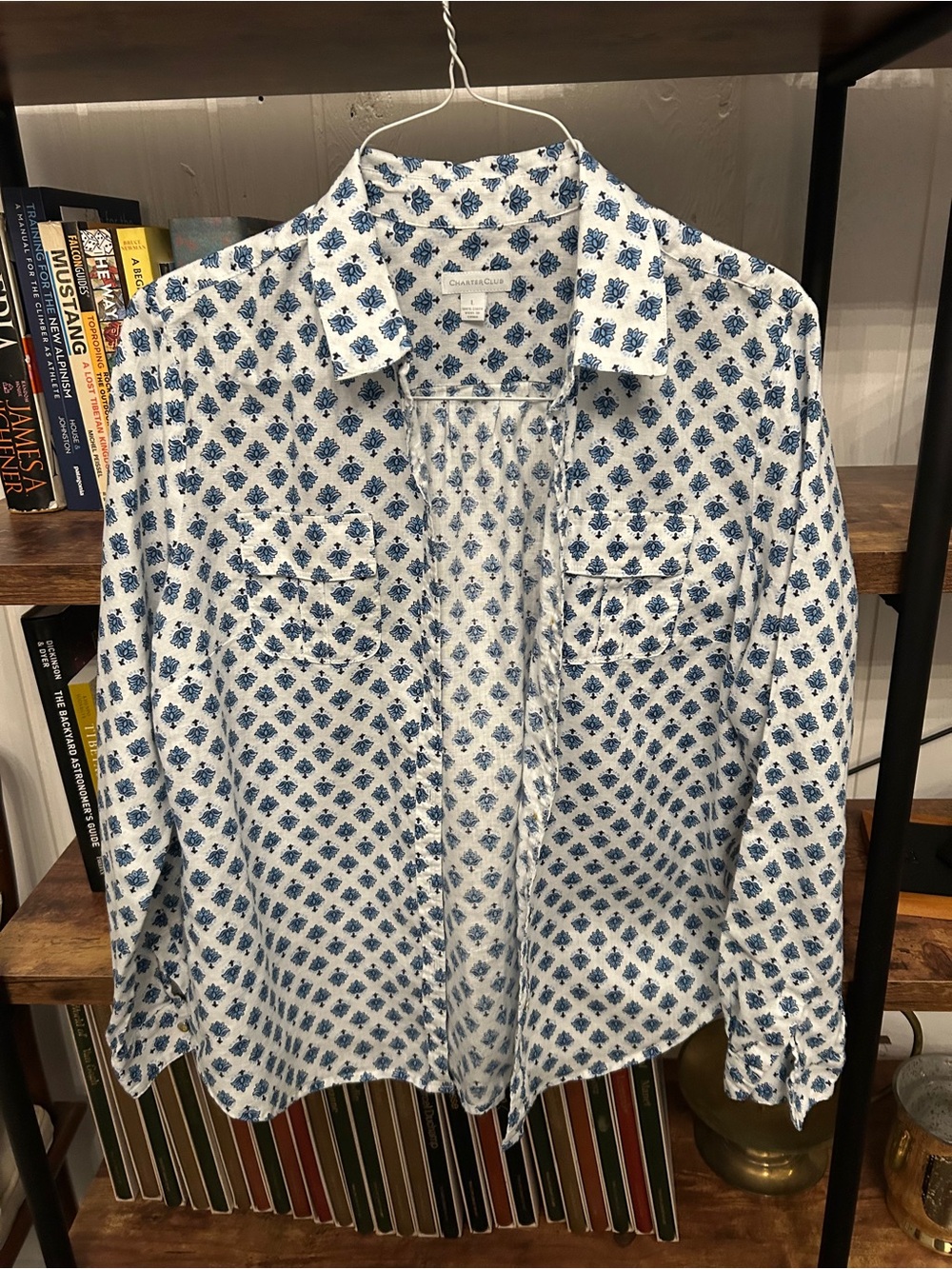 Charter Club Linen White Button-Down Shirt with Blue Floral Print